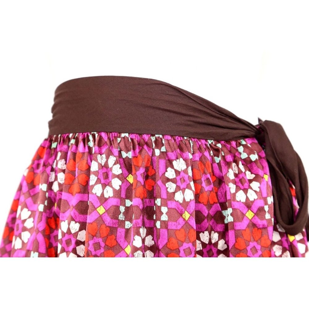 A Common Thread Brown Fuchsia Purple Red Silk Bead Tie Waist Skirt P XS $249 - Picture 3 of 9